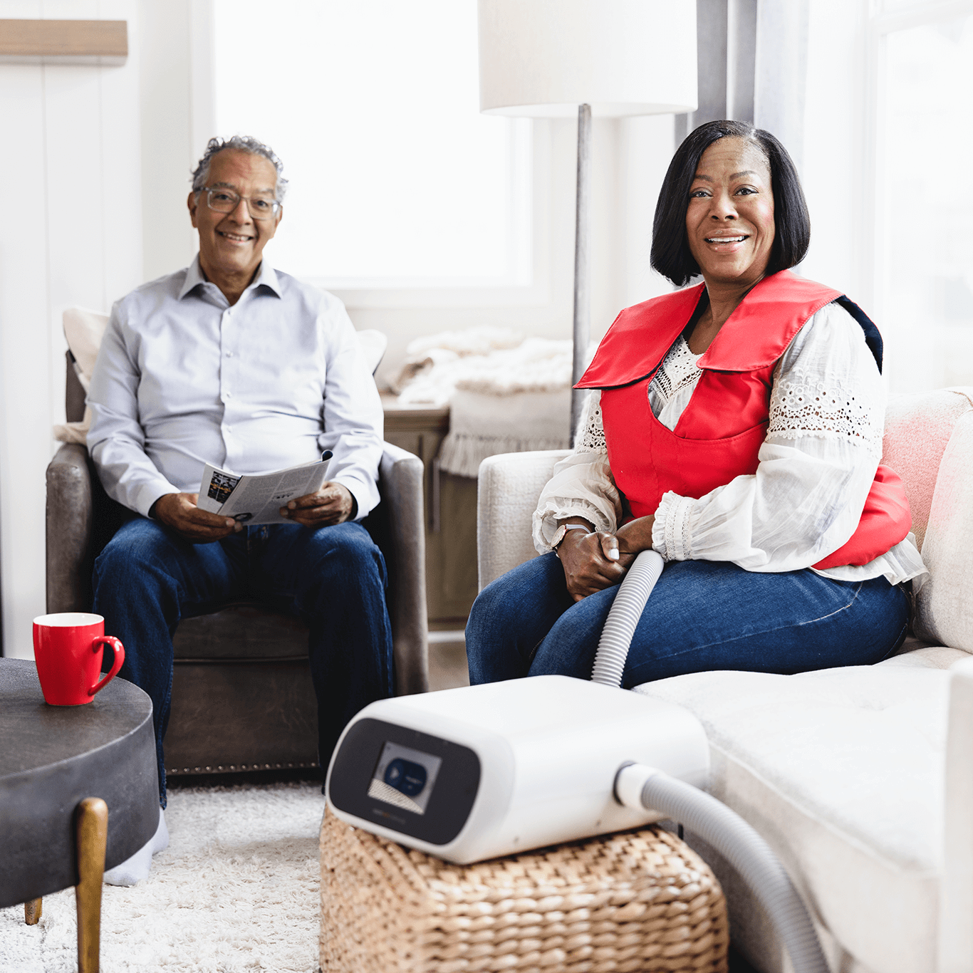 Woman wearing a Smartvest at home to help with COPD symptoms