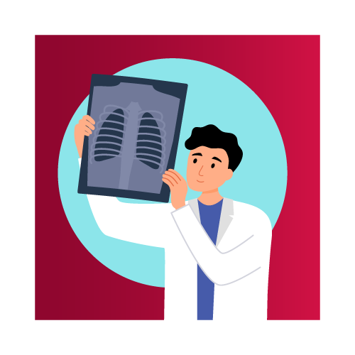 Lung doctor holding X-ray of patient's chest wall.
